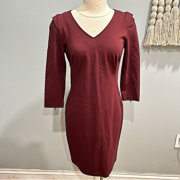 Kenar Burgundy Red 3/4 Sleeve Fitted Stretch Dress Size 6 - Picture 1 of 9